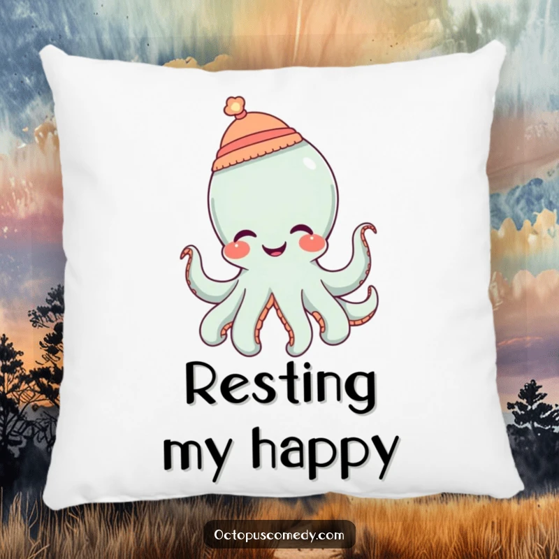 Funny octopus wearing a tiny hat and giggling, a soft and humorous decorative pillow.