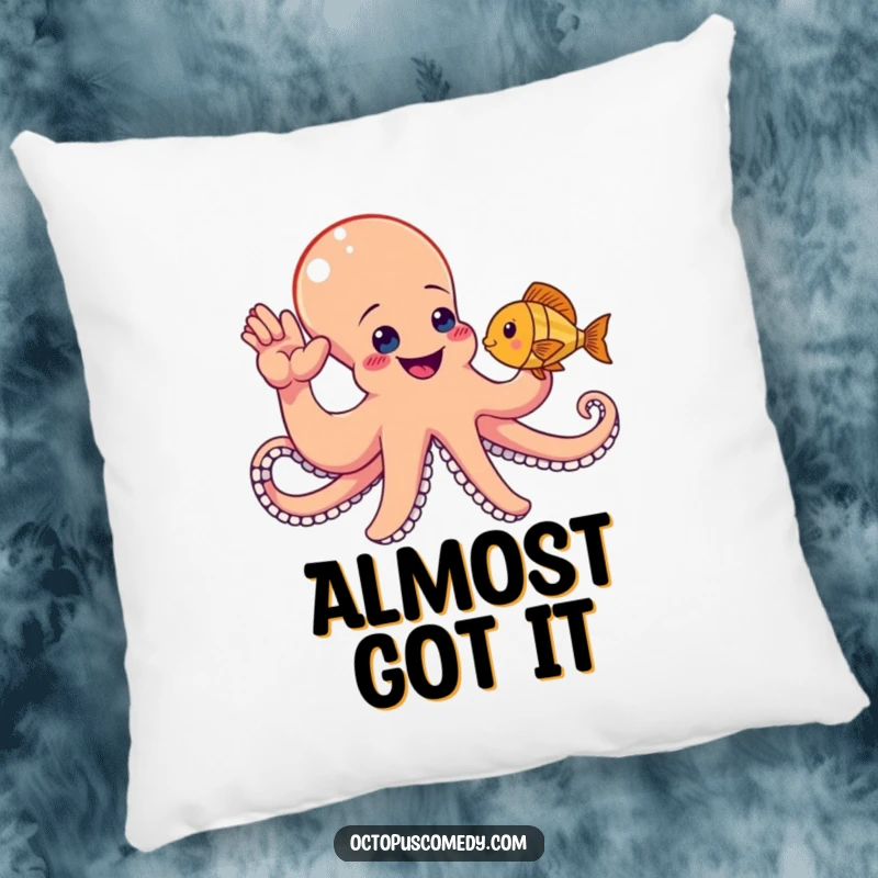 Funny octopus offering a high-five to a fish, a soft pillow injecting humor and comfort.