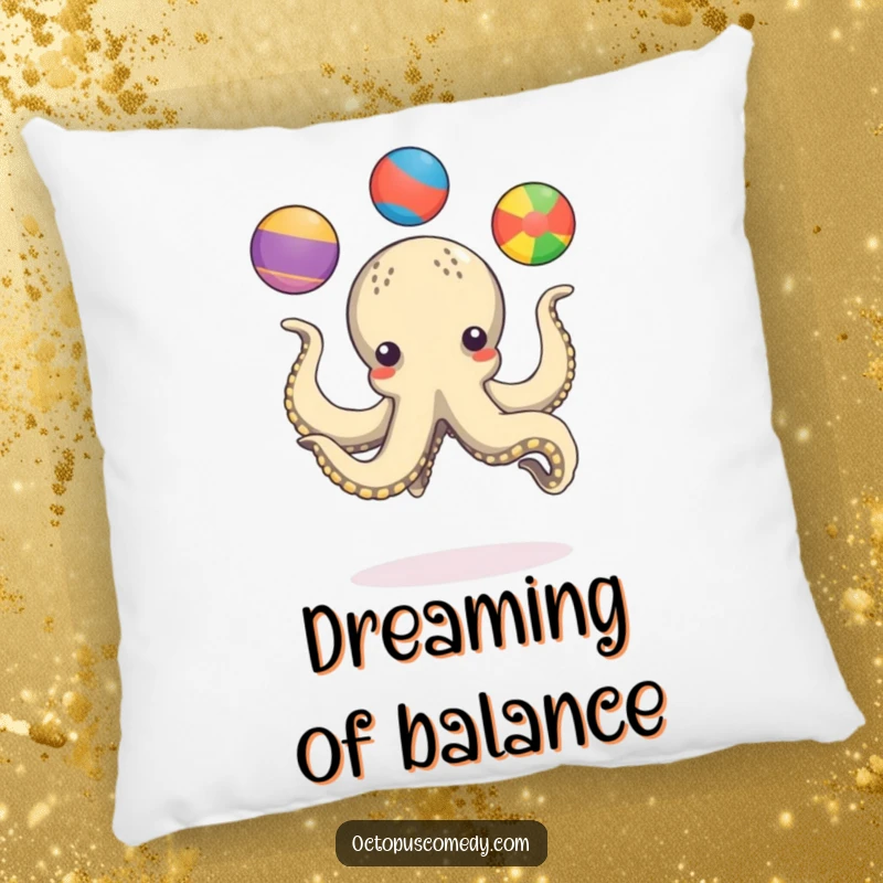 Funny octopus playfully juggling three colorful balls with its tentacles, a soft and humorous decorative pillow.