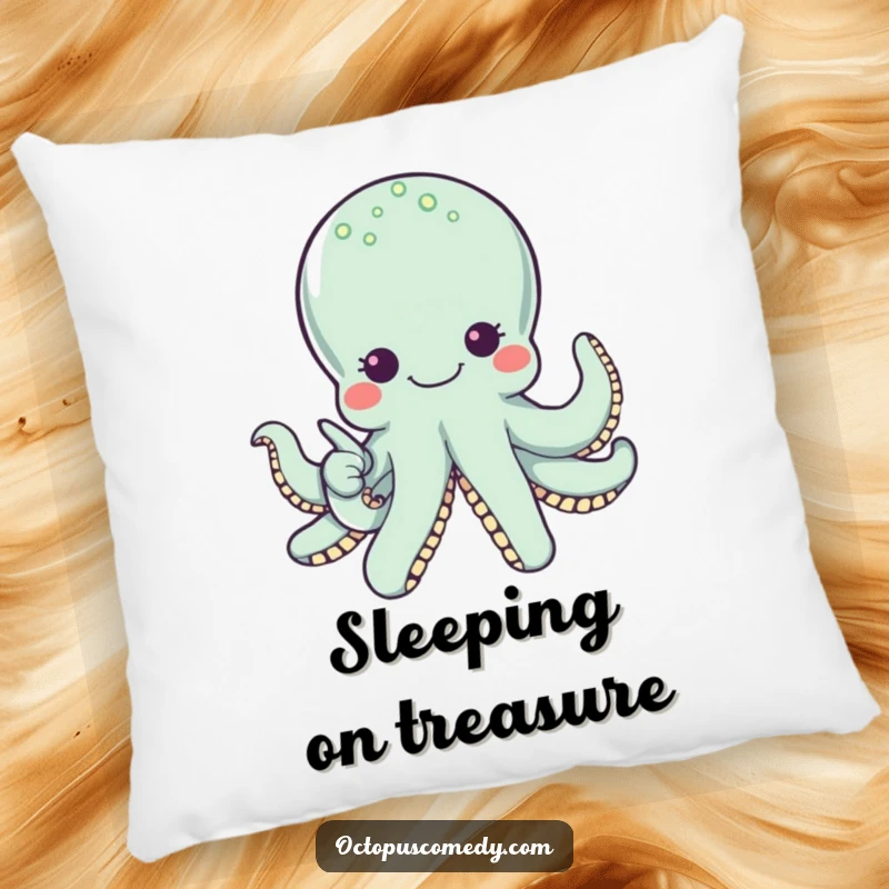 Funny octopus with wide eyes and a smile pointing to a pearl, soft pillow for adding humorous and wondrous charm.