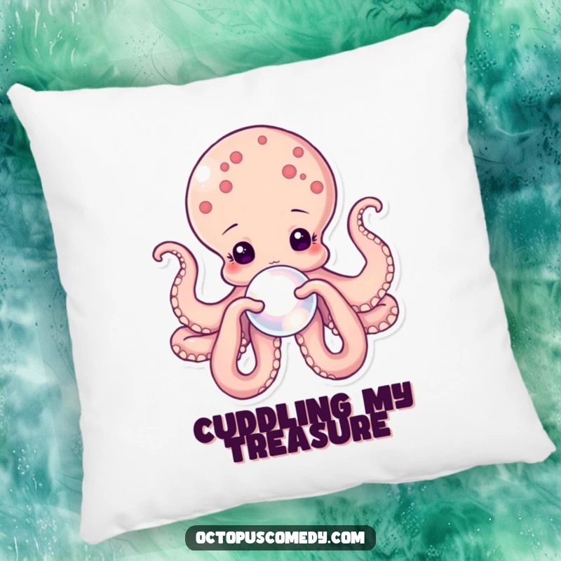 Funny octopus pillow with a gentle octopus holding a shimmering pearl, providing plush comfort and sophisticated ocean decor.