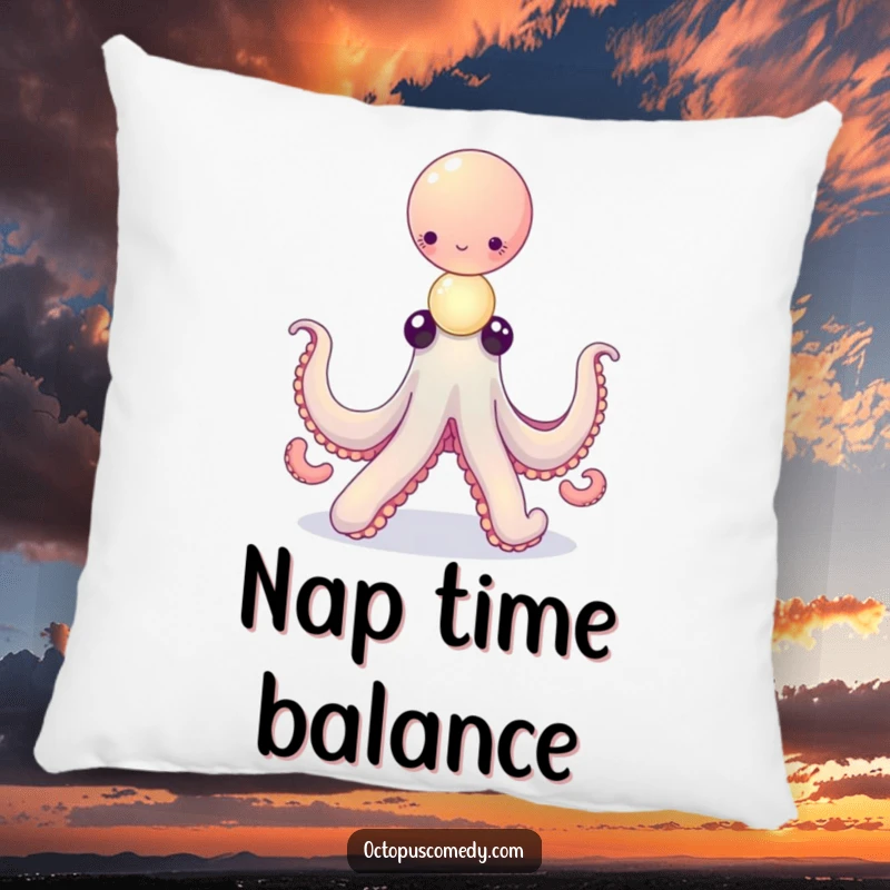 Funny octopus balancing a delicate stack of tiny, glowing orbs on a pillow, perfect for magical and cozy decor.