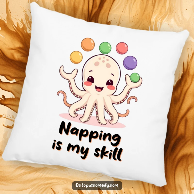 Funny Pillow: A smiling octopus juggles eight colorful balls, offering soft comfort and a dose of humorous, playful appeal.