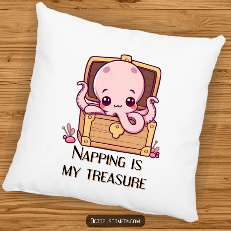 Funny pillow featuring a curious octopus with expressive eyes peeking from a treasure chest, offering comfort and humorous decor.