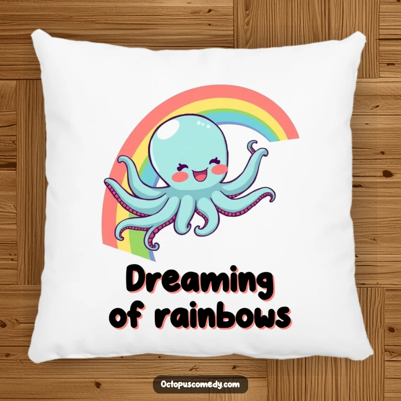 Funny pillow with a joyful octopus sliding down a rainbow, offering soft comfort and a dose of magical humor as a funny gift.