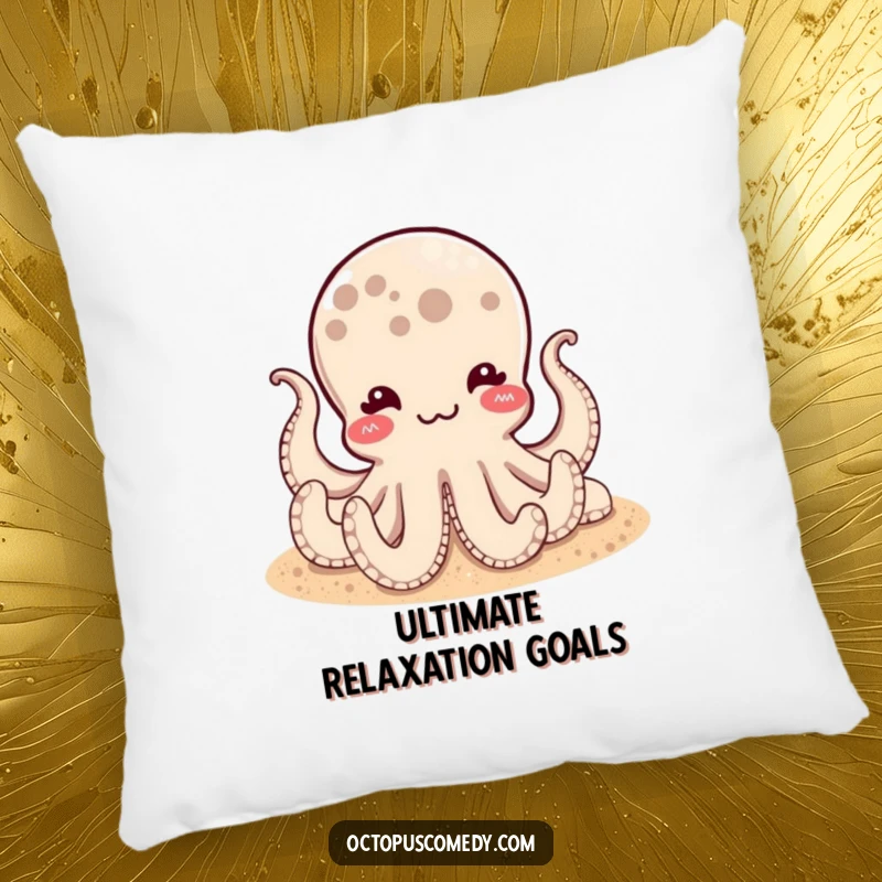 Funny pillow with a satisfied octopus resting on a sandy bottom, offering soft humor and a delightful funny gift.