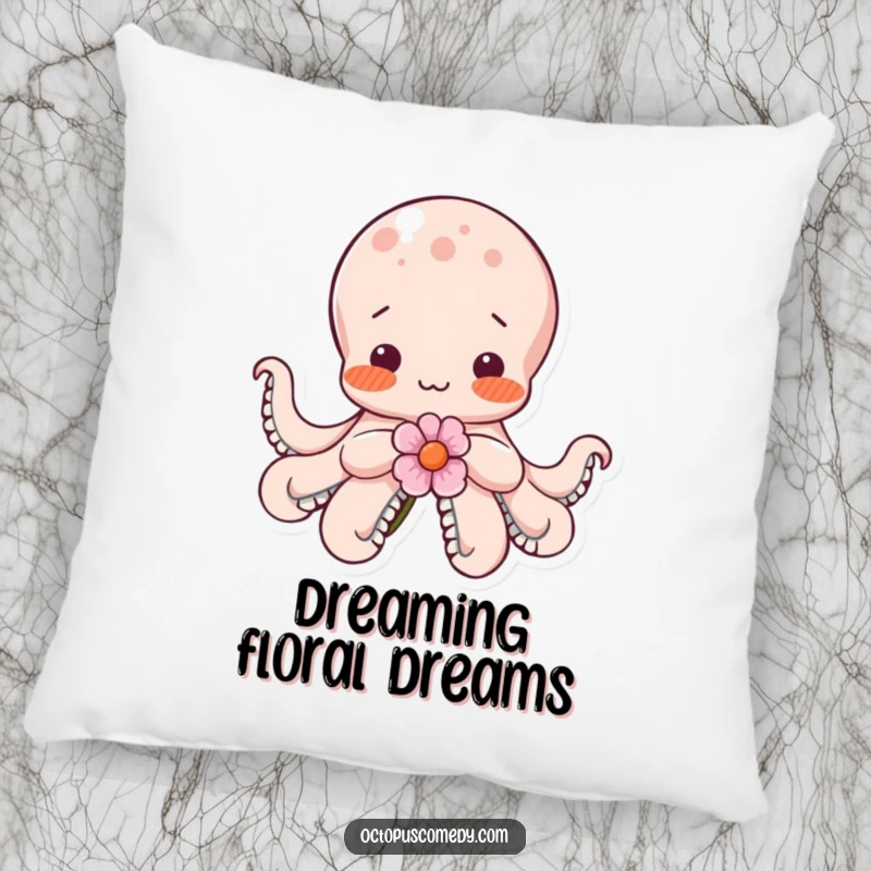 Funny shy octopus blushing with rosy cheeks, holding a flower, designed as a soft and comforting decorative pillow.