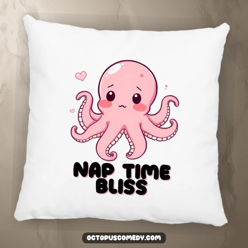 Funny pillow with a blushing, surprised octopus caught in a current, offering soft humor and a delightful funny gift.