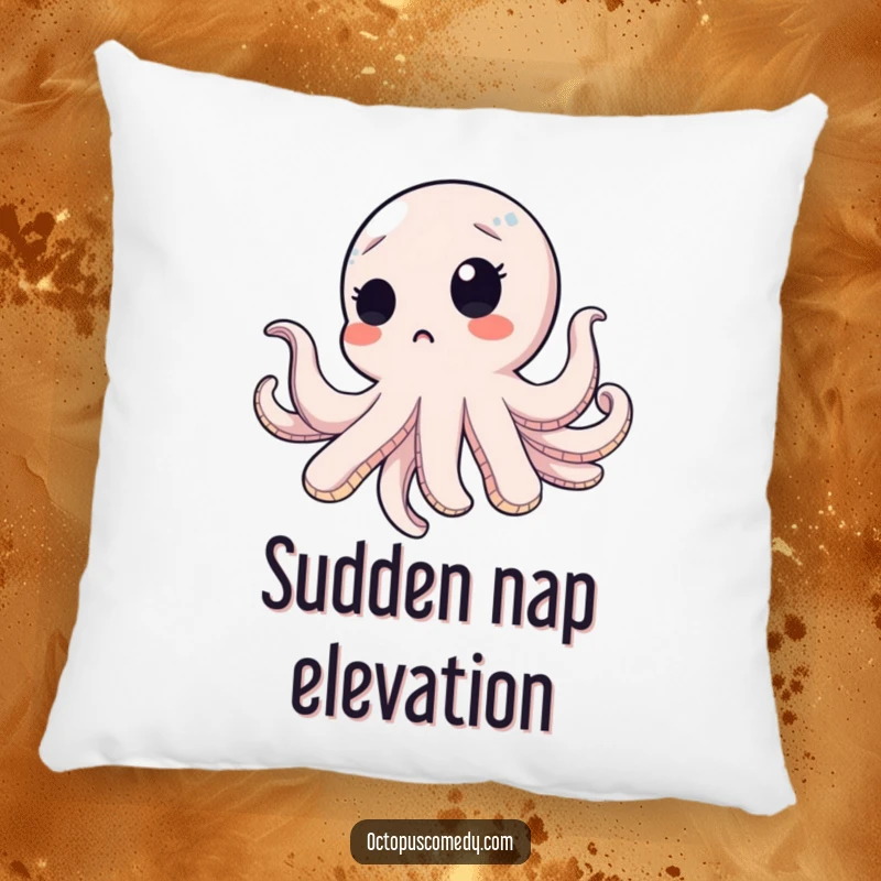 Funny octopus with a surprised blink, floating upwards on a soft pillow, bringing cozy humor to your home.