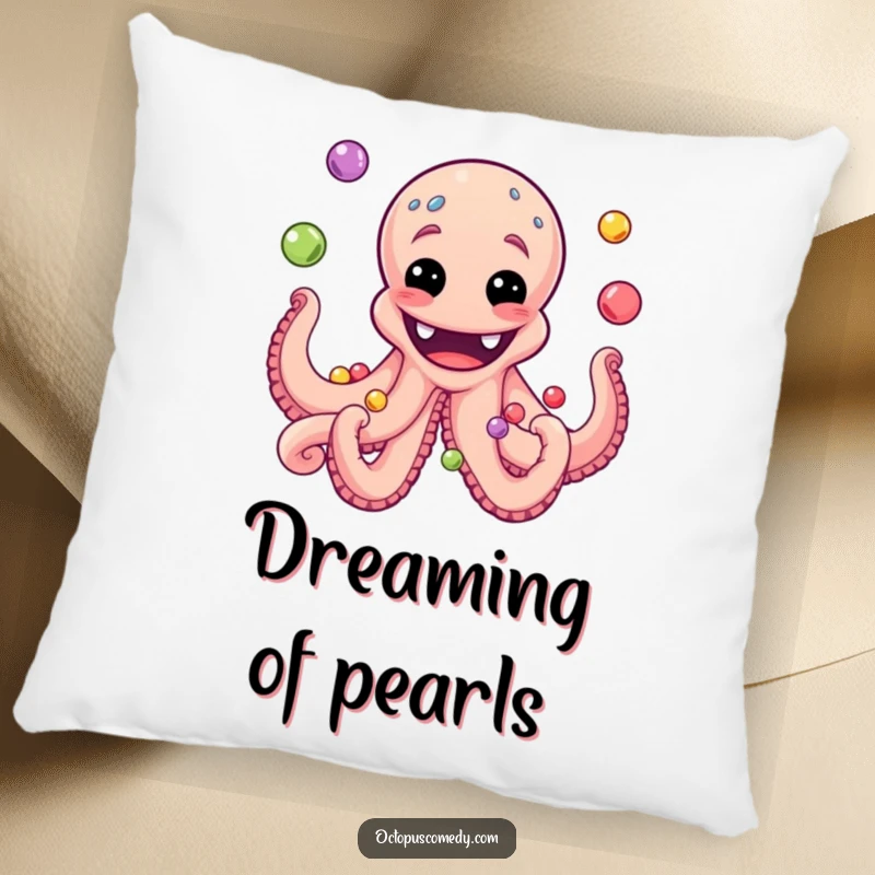 Funny and charming octopus pillow design showcasing a wide grin while juggling colorful pearls, perfect for cozying up.