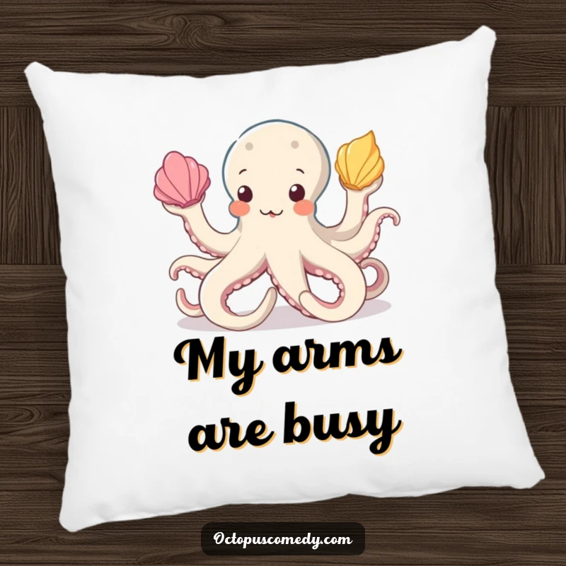 Funny octopus pillow featuring a cute, juggling octopus surrounded by colorful seashells, offering comfort and a humorous coastal theme.