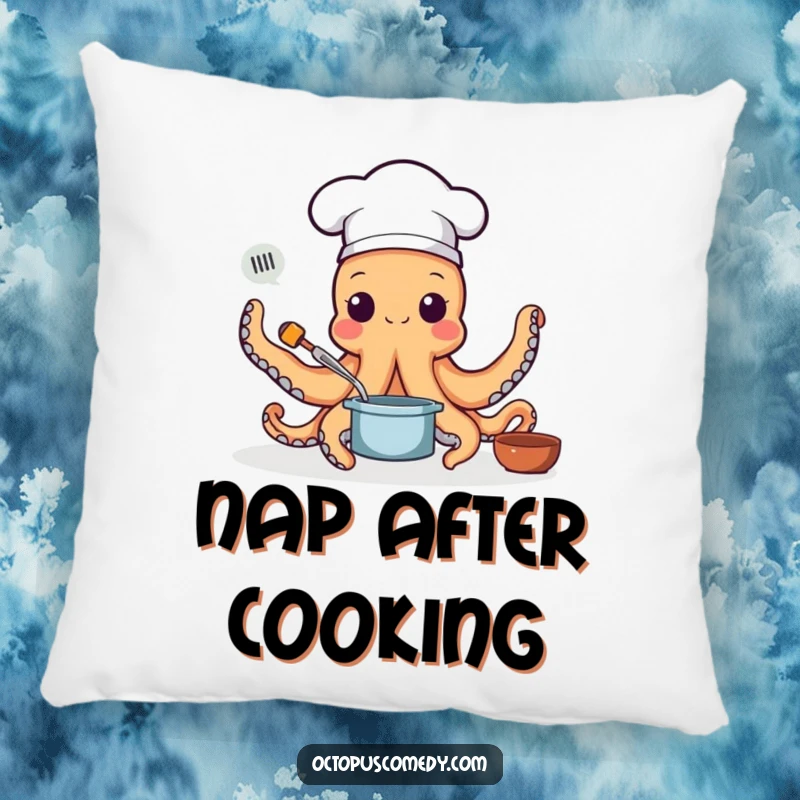 Funny pillow featuring an octopus chef wearing a hat and cooking with multiple arms, offering comfort and kitchen humor as a funny gift.