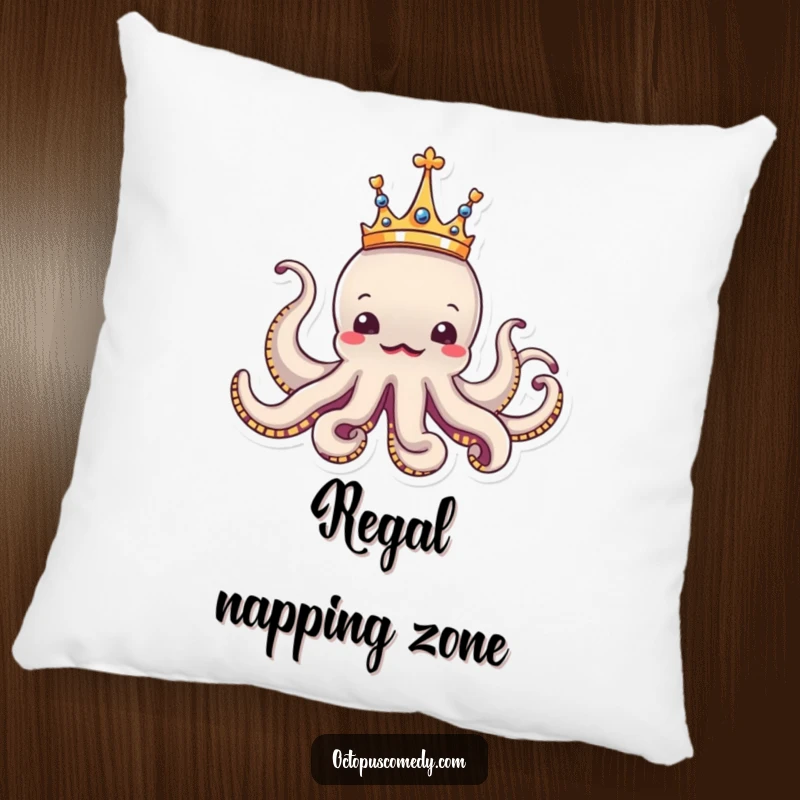 Funny octopus wearing a tiny crown, looking regal and amusing, a soft pillow injecting humor and majesty.