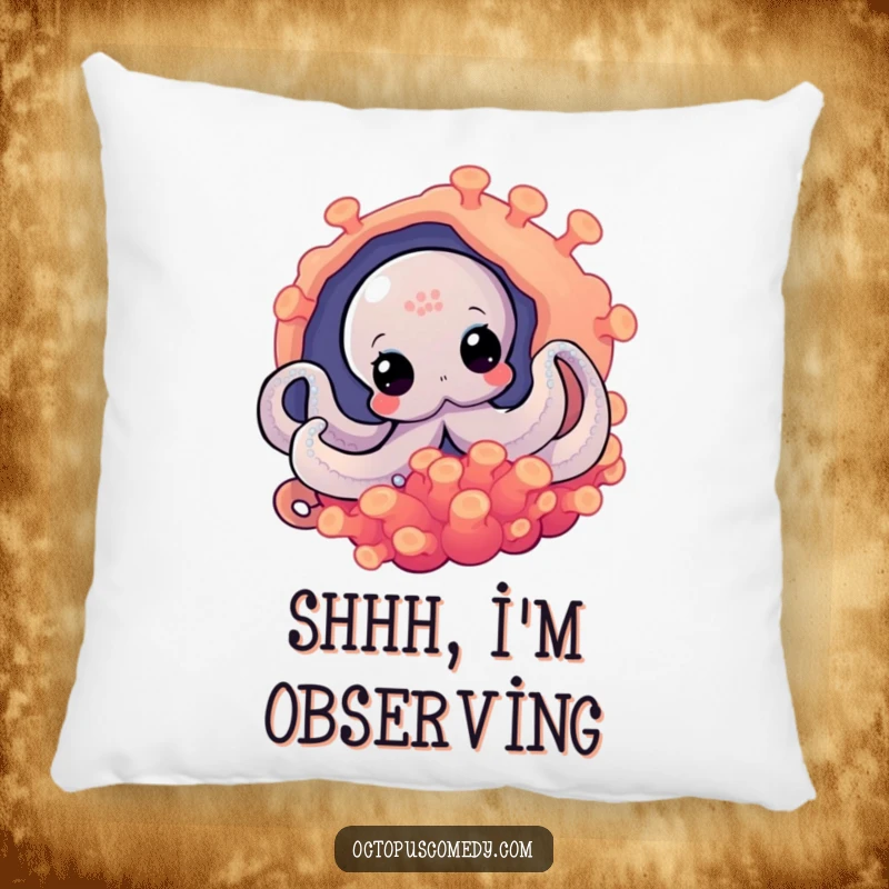 Funny octopus curiously peeking from an anemone, a soft pillow injecting humor and mystery.