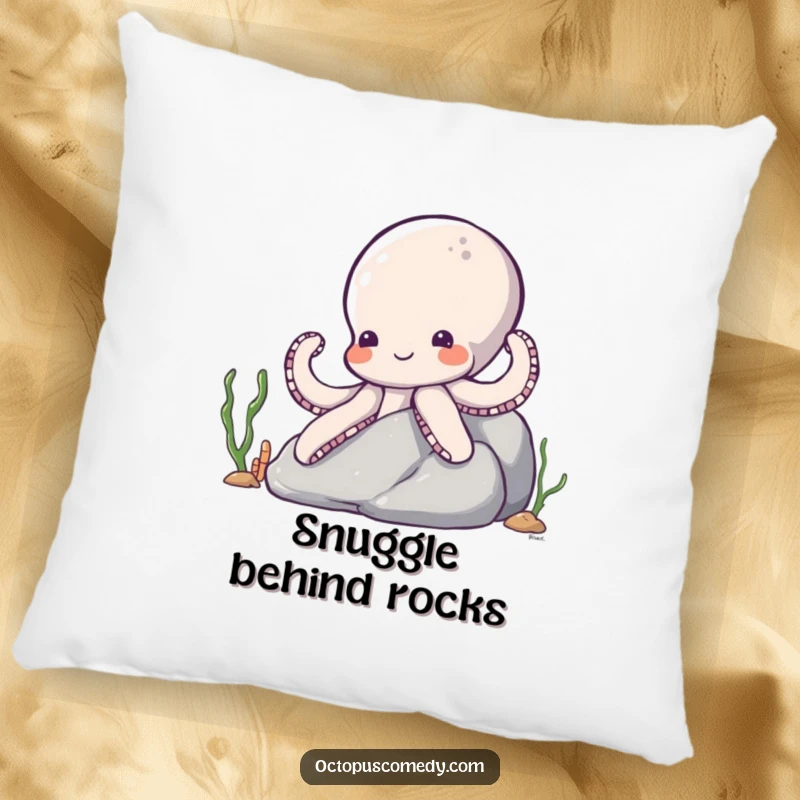 Funny Octopus Pillow: A plush cushion featuring a shy octopus smiling and peeking from behind a rock, perfect for cozying up.