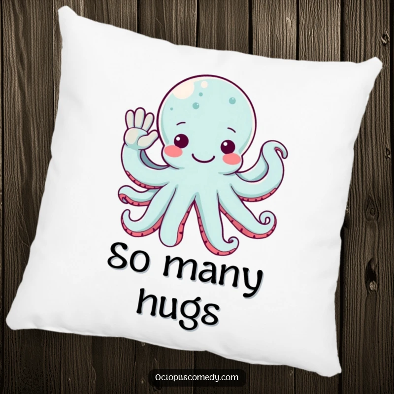 Funny octopus design on a soft pillow, with multiple arms waving hello, for a friendly and cozy feel.
