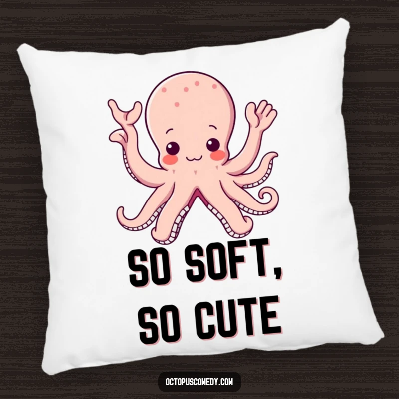 Funny and adorable kawaii octopus pillow with multiple arms waving in a cheerful greeting, perfect for cozying up.