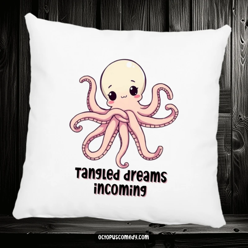 Funny pillow featuring an octopus hilariously tangled in its own arms, providing comfort and a good dose of funny chaos.