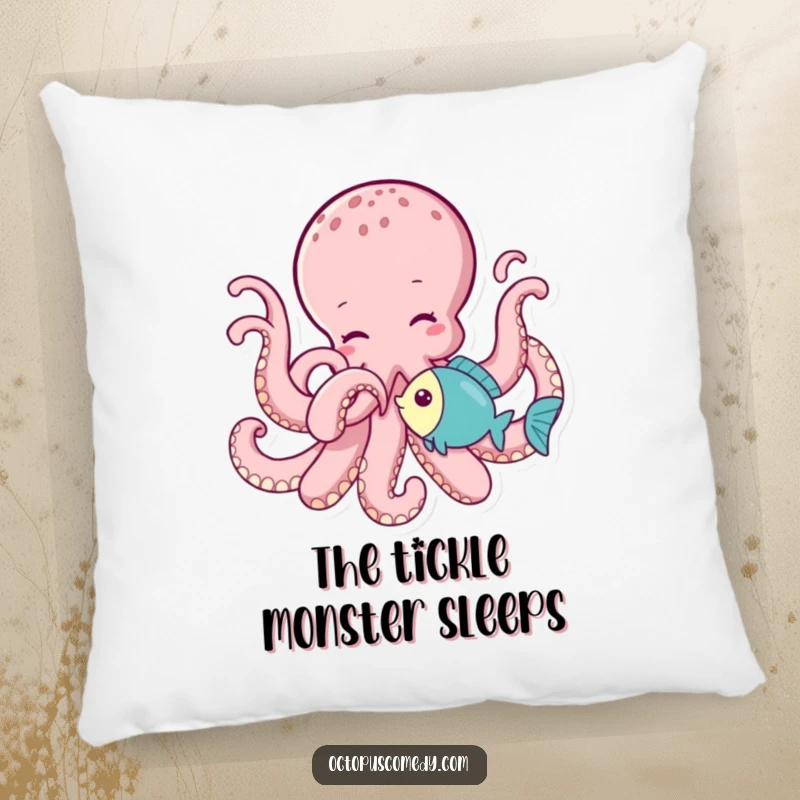 Funny octopus playfully tickling a little fish with a tentacle, bringing smiles to this soft and decorative pillow.
