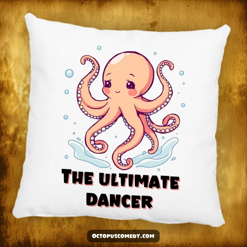 Funny octopus dancing with swirling tentacles in bubbles, a soft pillow injecting humor and rhythm.