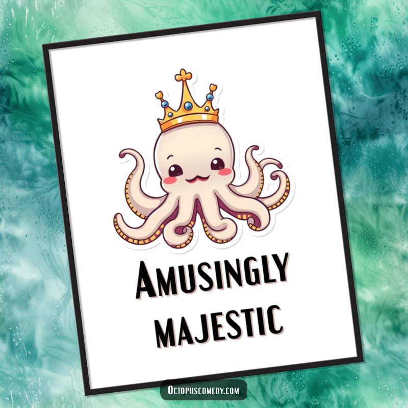 Funny octopus wearing a tiny crown, looking regal and amusing, wall art print for instant majestic decoration.