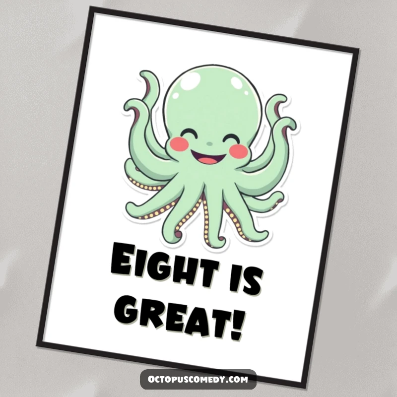 Funny octopus with a wide smile waving all eight arms, printable humorous wall art.