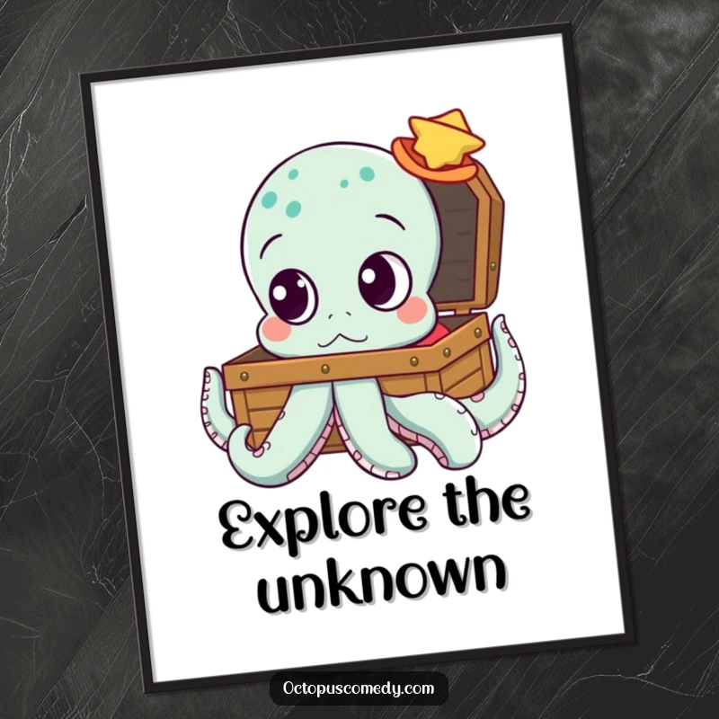 Funny digital art print of an octopus with large, curious eyes staring intently at an open treasure chest, evoking wonder.