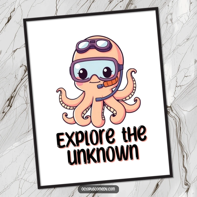 Funny kawaii octopus wearing a tiny snorkel, looking adventurous in this high-resolution digital art print, ready to download.