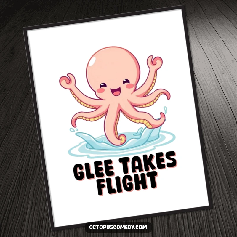 Funny bouncy octopus leaping joyfully out of the water, depicted as an energetic and fun digital art print.