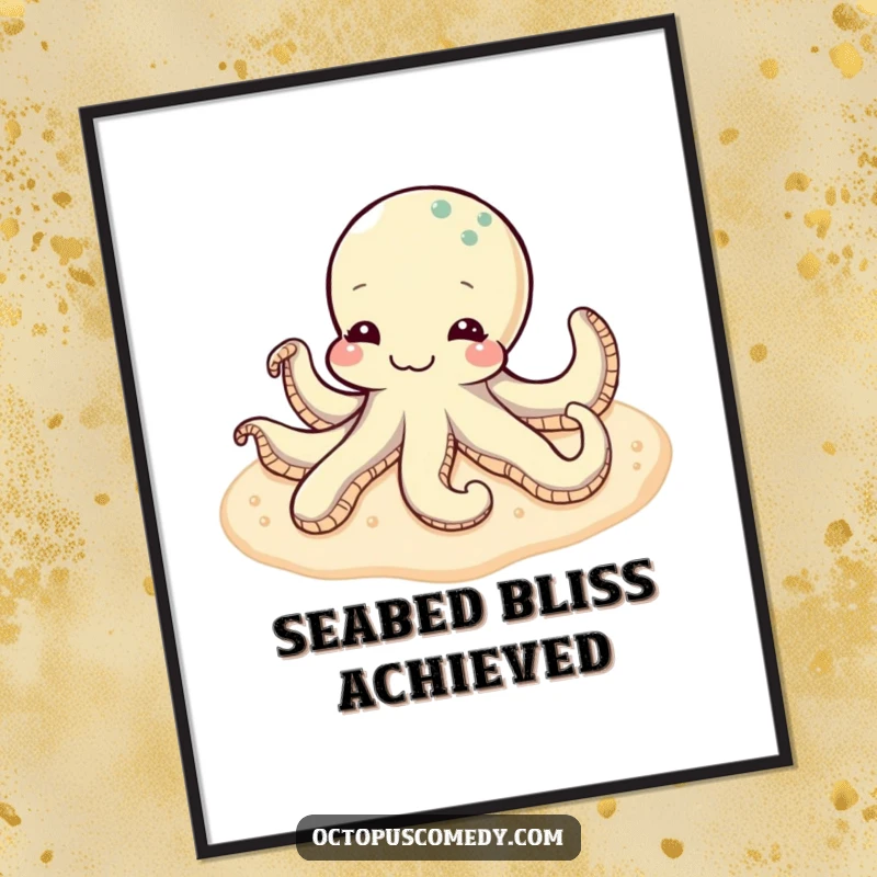 Funny content octopus resting peacefully on a soft, sandy seabed, depicted as a serene digital art print.