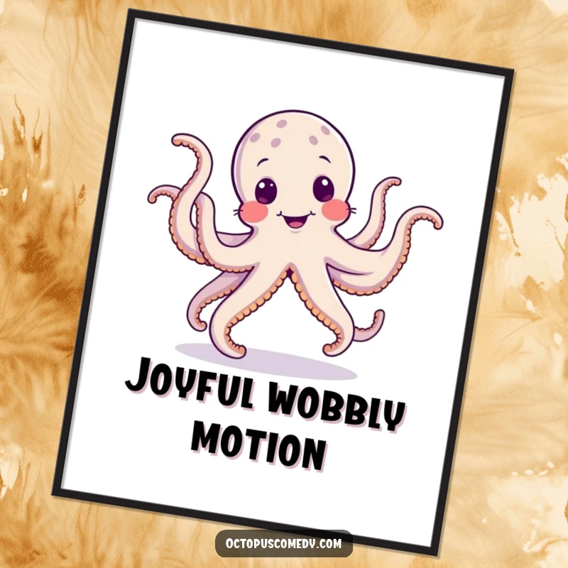 Funny digital art print of an octopus doing a silly jig with wobbly tentacles, ideal for adding humorous and energetic decor.