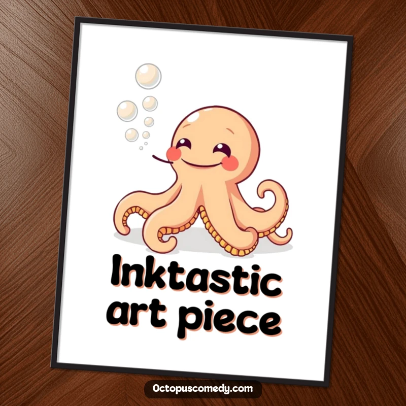 Printable funny digital art of a grinning octopus blowing ink bubbles, offering instant humorous decor and a unique gift.