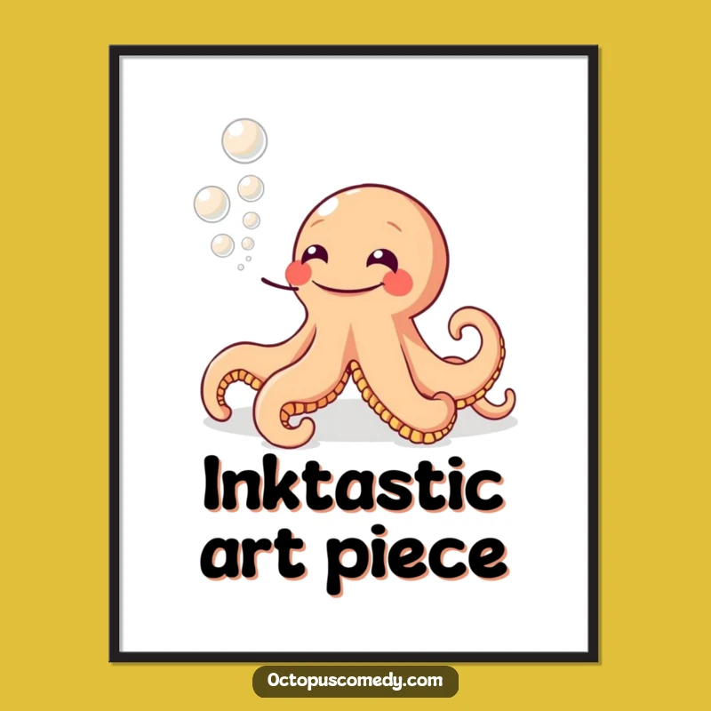 Funny Grinning Octopus Digital Art: Ink Bubble Print, Instant Humor