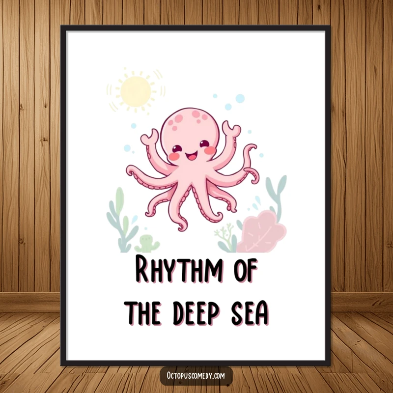 Funny kawaii octopus doing a joyful underwater dance digital art print, instant celebration gift.