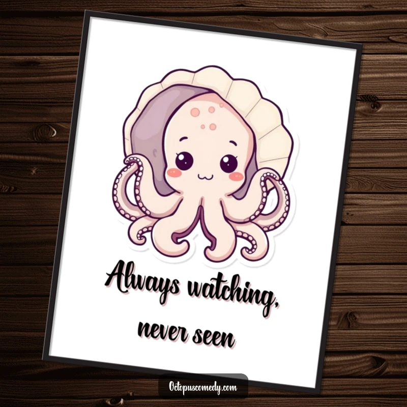 Funny kawaii octopus digital art print peeking from a seashell, instant ocean download gift.
