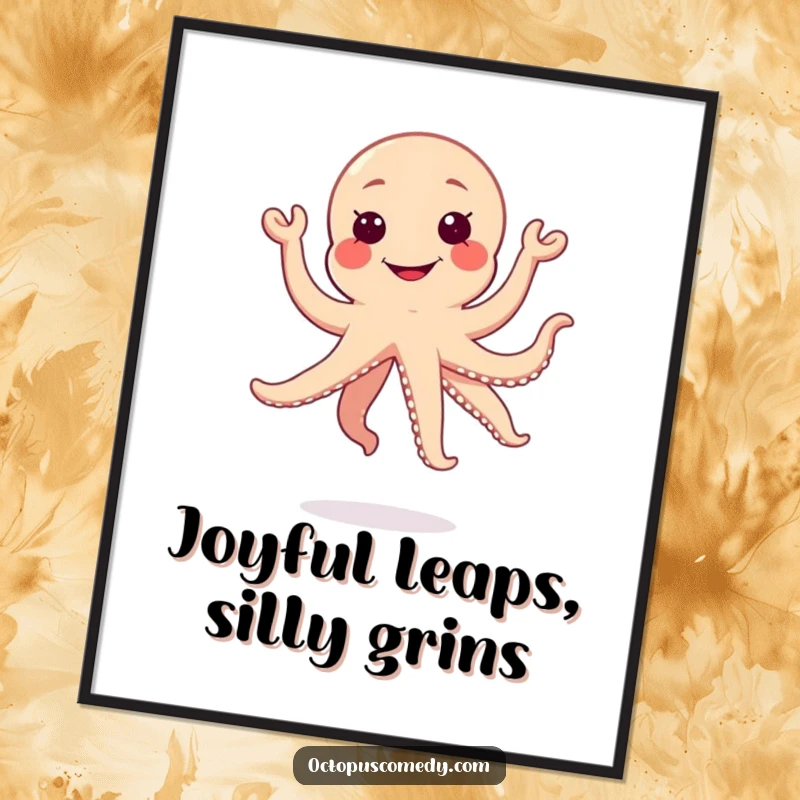 Funny happy jumping kawaii octopus with a silly grin digital art print, instant joy gift.