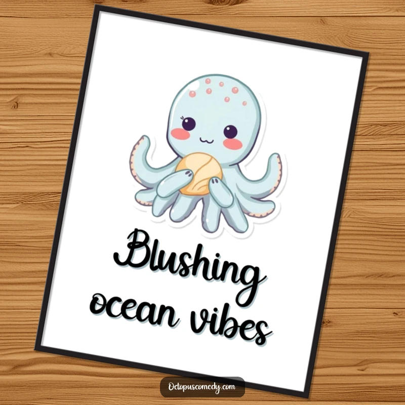 Funny kawaii octopus with a shy blush, holding a seashell, as a downloadable digital art print.