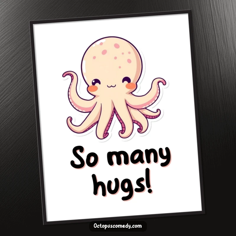 Funny Kawaii Octopus Digital Art Print: High-resolution art of a cute octopus character with tentacles waving hello.