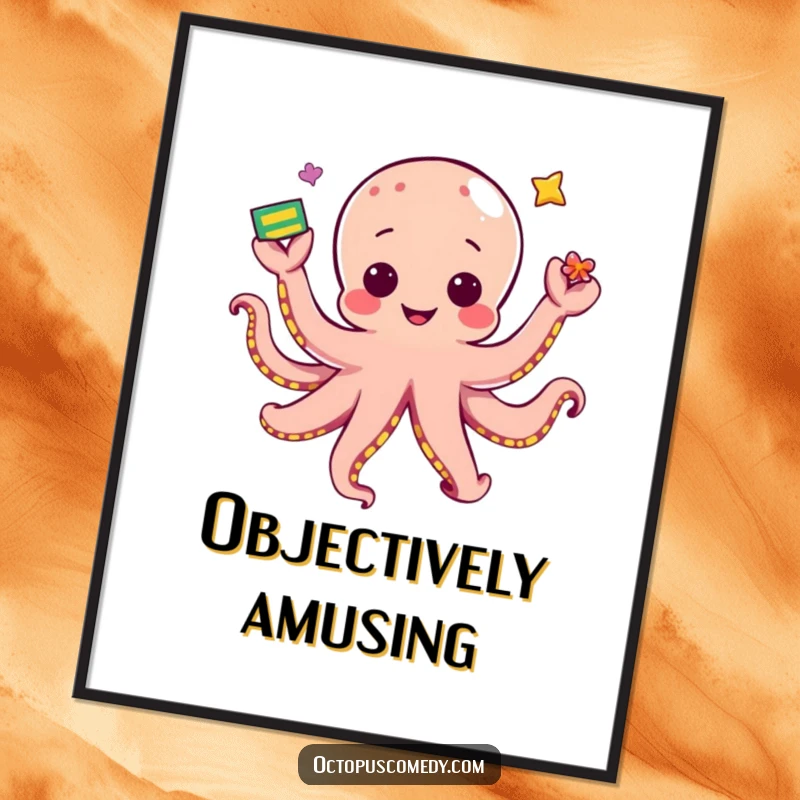 Funny kawaii octopus juggling colorful objects with its tentacles, a whimsical and humorous digital art print.