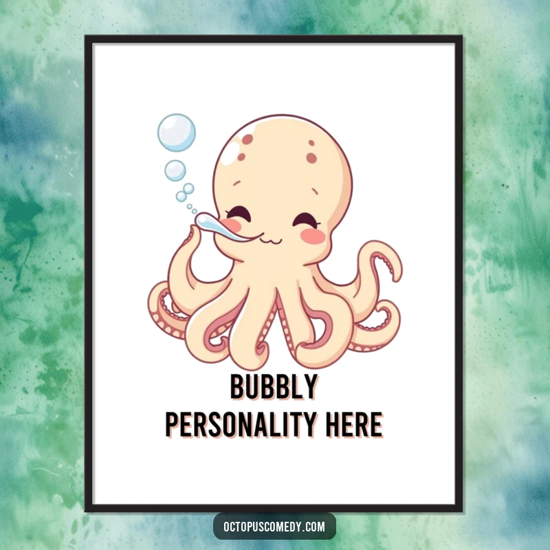 Funny digital art print of a playful octopus blowing bubbles, perfect for instant wall decor and as a cute, funny gift.