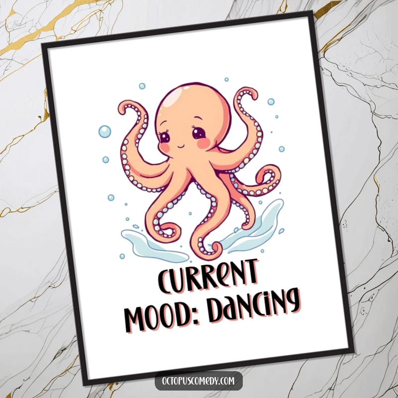 Funny octopus dancing with swirling tentacles and bubbles, wall art print for instant energetic decoration.
