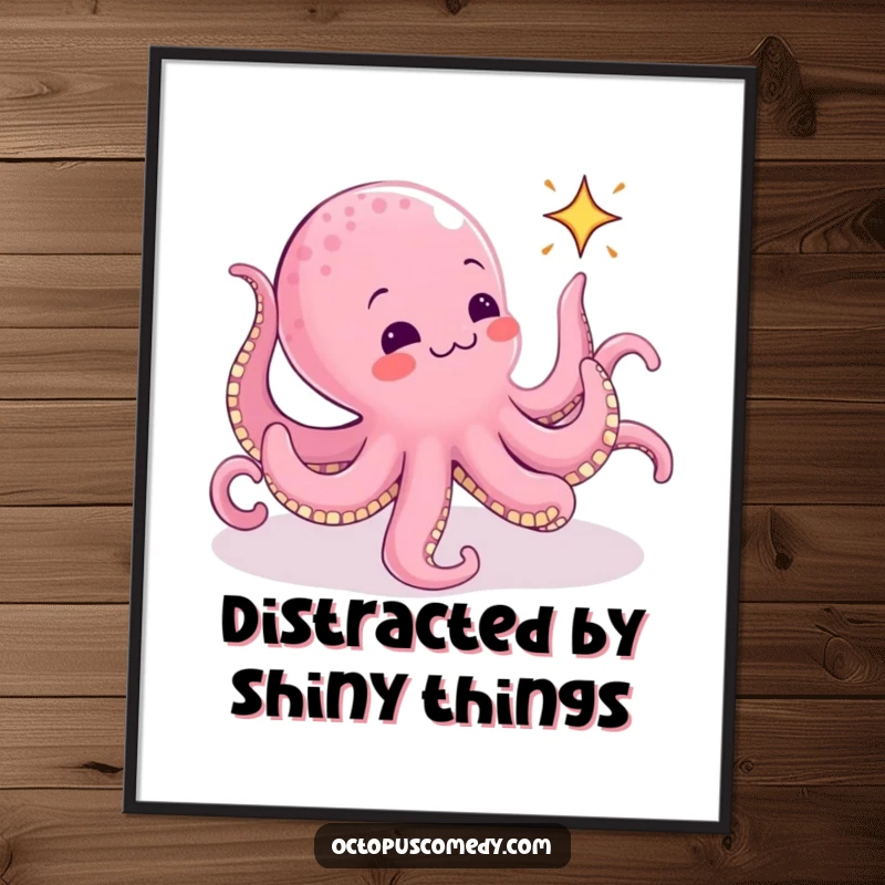 Funny Octopus Digital Art: High-resolution funny artwork of an octopus with all arms extended, hilariously pursuing a tiny, animated sparkle.
