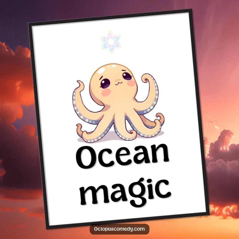 Funny octopus looking up with wonder at a bioluminescent bloom, digital art print, mystical deep sea scene, instant download.