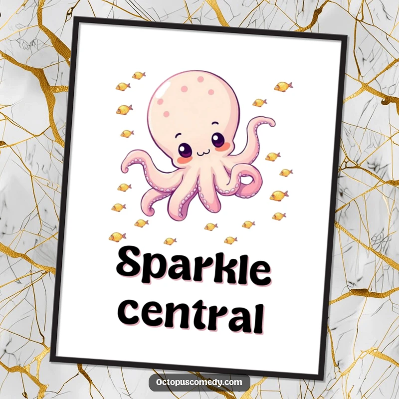 Funny octopus happily drifting through a school of small, sparkly fish, digital art print, serene marine scene, instant download.