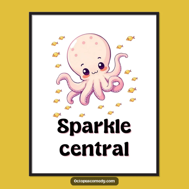 Funny Octopus Digital Art: Drifting with Sparkly Fish - Instant Gift