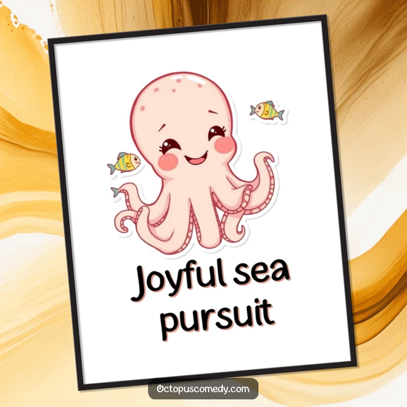 Funny octopus with a joyful expression, playfully chasing tiny fish, available as a digital art print.