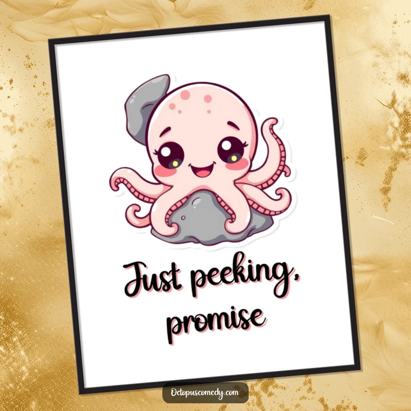 Funny Octopus Digital Art Print: High-resolution art of a cute octopus character with wide, happy eyes peeking from a rock.