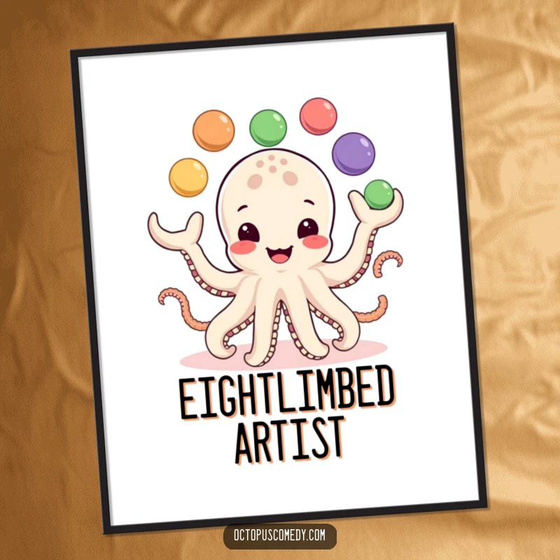 Funny Digital Art Print: A smiling octopus juggles eight colorful balls, exuding playful humor and vibrant energy.
