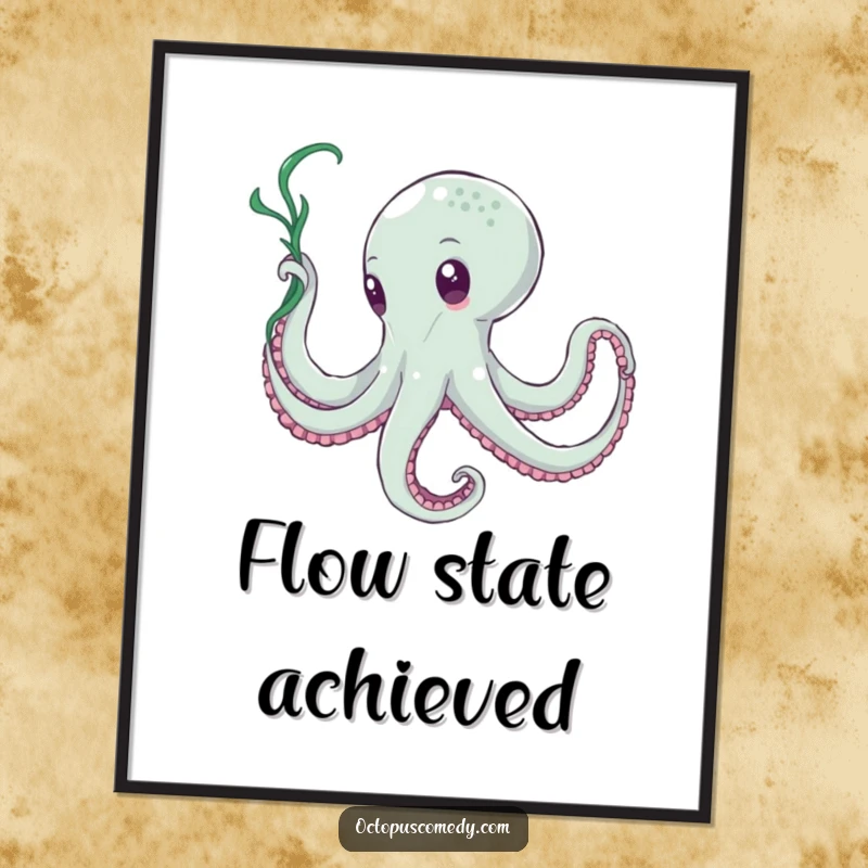 Funny Octopus Seaweed Dancer Digital Art: High-quality funny artwork of an octopus gracefully twirling seaweed like a ribbon.