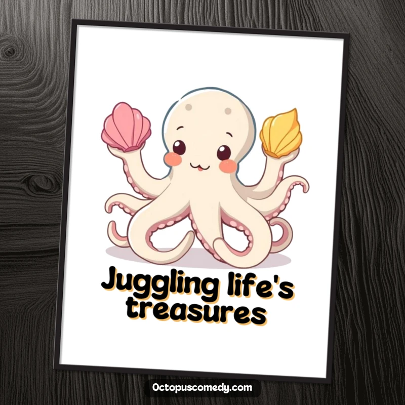 Funny octopus digital art print of a cheerful cephalopod juggling seashells, ready to bring animated humor and ocean charm to any room.